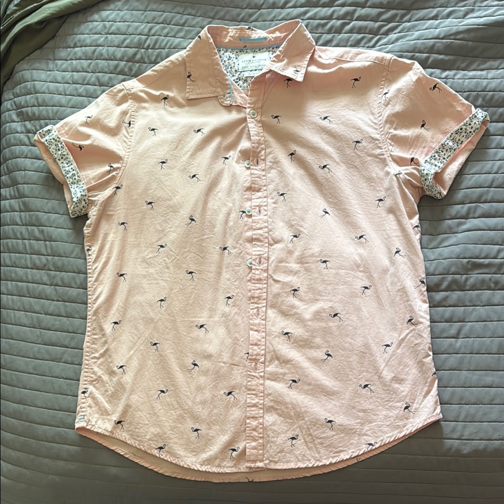 Pink Flamingo Print Button-Up Shirt